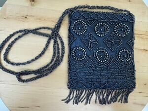 Midnight Blue Beaded Evening Bag with Fringe Braided Strap Y2K Vintage Inspired